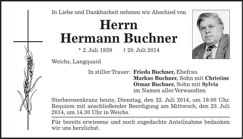 Traueranzeige Hermann Buchner