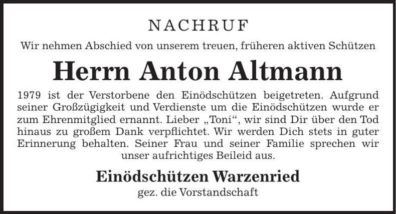 Traueranzeige Anton Altmann
