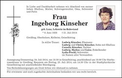 Traueranzeige Ingeborg Kinseher