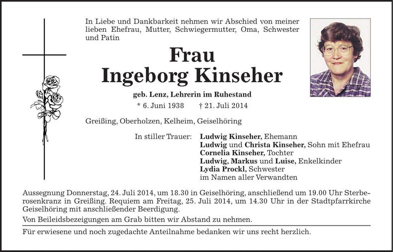 Traueranzeige Ingeborg Kinseher
