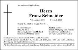 Traueranzeige Franz Schneider