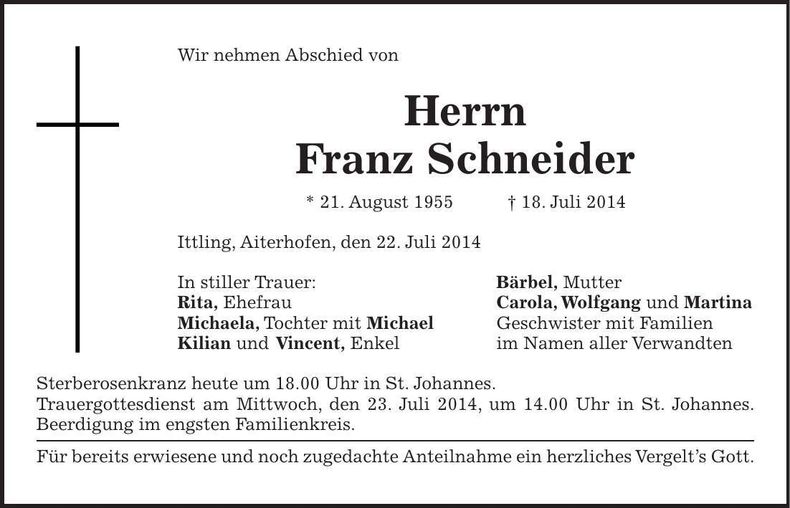 Traueranzeige Franz Schneider