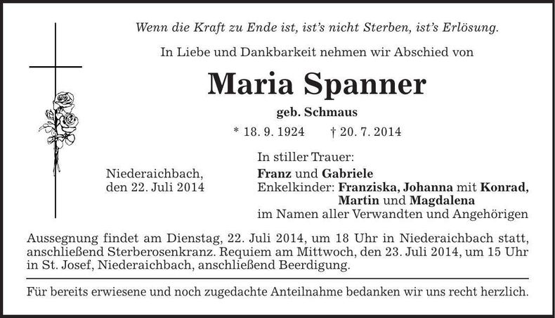Traueranzeige Maria Spanner