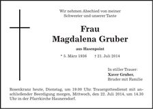 Traueranzeige Magdalena Gruber
