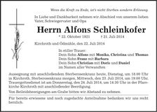Traueranzeige Alfons Schleinkofer