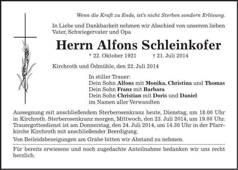 Traueranzeige Alfons Schleinkofer