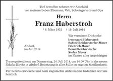 Traueranzeige Franz Haberstroh