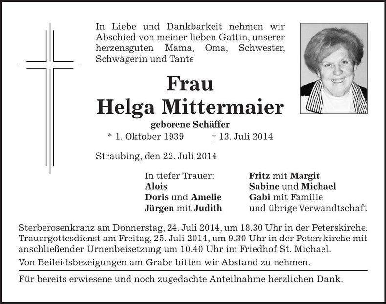 Traueranzeige Helga Mittermaier