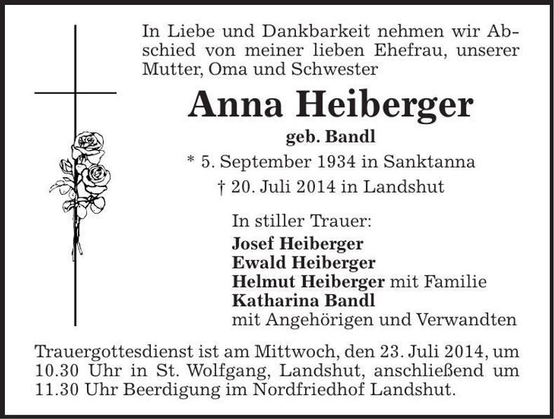 Traueranzeige Anna Heiberger