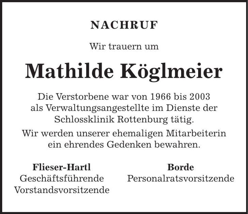 Traueranzeige Mathilde Köglmeier