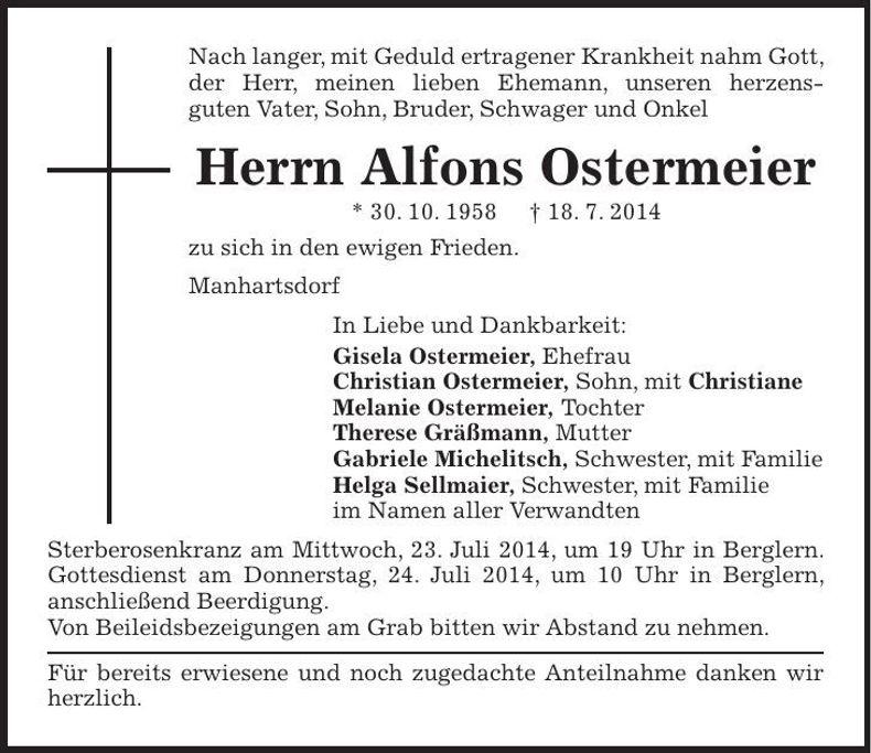 Traueranzeige Alfons Ostermeier