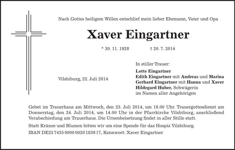 Traueranzeige Xaver Eingartner