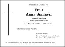 Traueranzeige Anna Simmerl