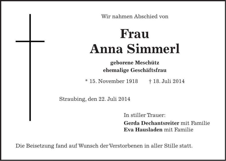 Traueranzeige Anna Simmerl