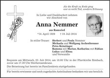 Traueranzeige Anna Nemmer