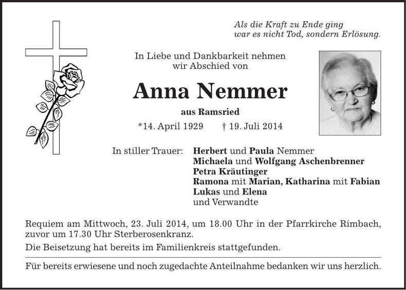 Traueranzeige Anna Nemmer
