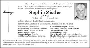 Traueranzeige Sophie Zistler