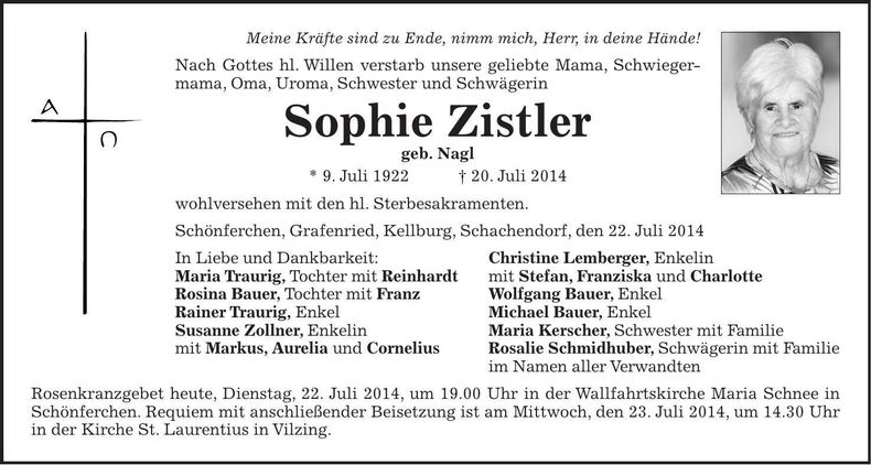 Traueranzeige Sophie Zistler