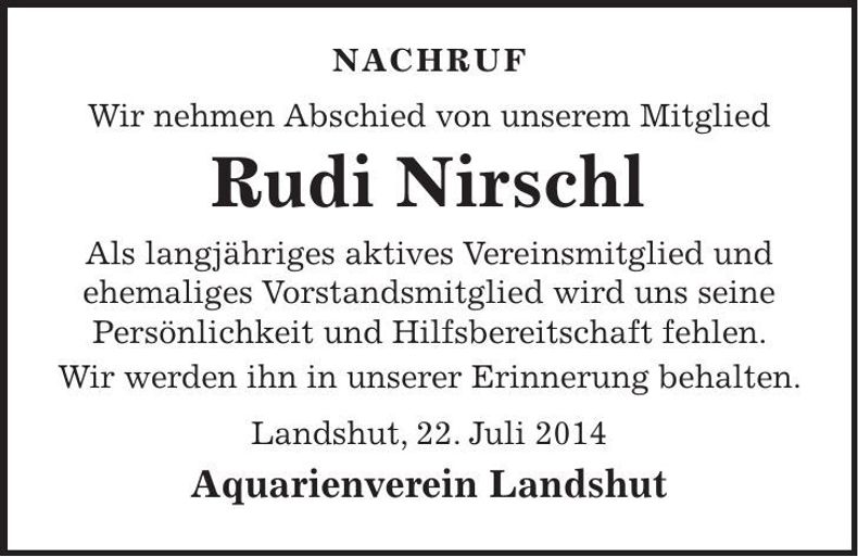 Traueranzeige Rudi Nirschl