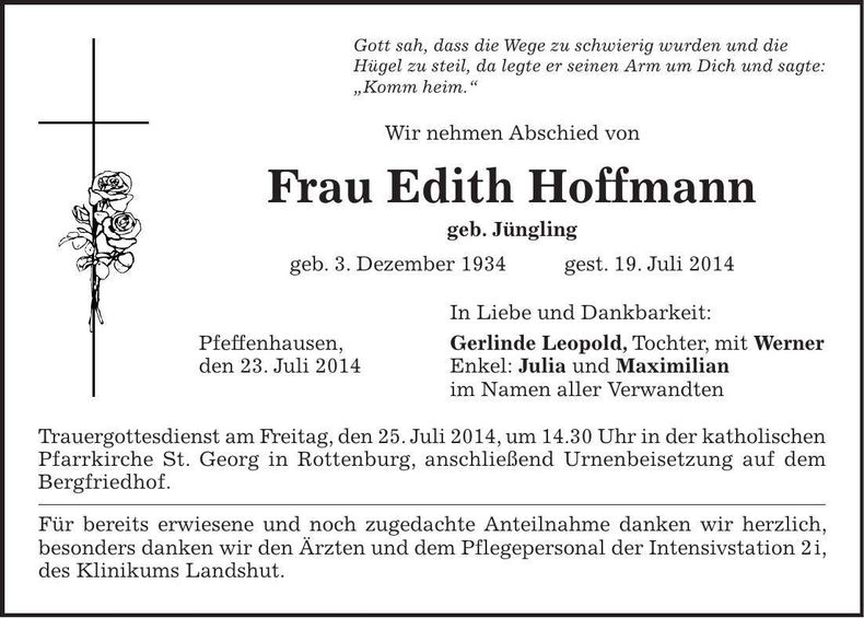 Traueranzeige Edith Hoffmann