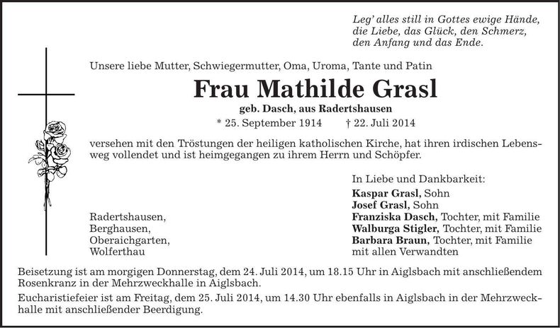 Traueranzeige Mathilde Grasl
