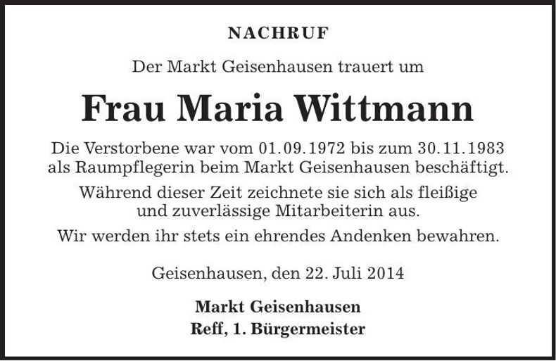 Traueranzeige Maria Wittmann