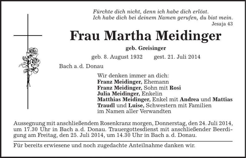 Traueranzeige Martha Meidinger