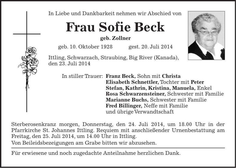 Traueranzeige Sofie Beck