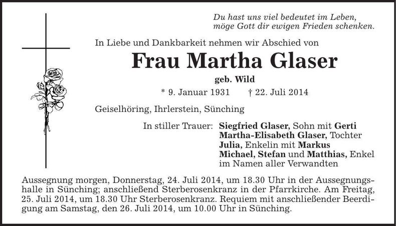 Traueranzeige Martha Glaser