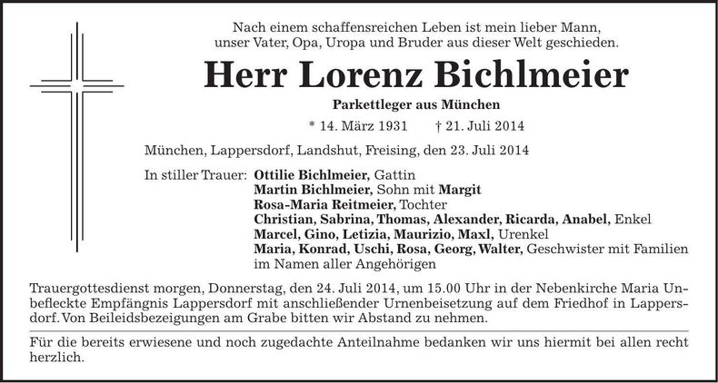 Traueranzeige Lorenz Bichlmeier