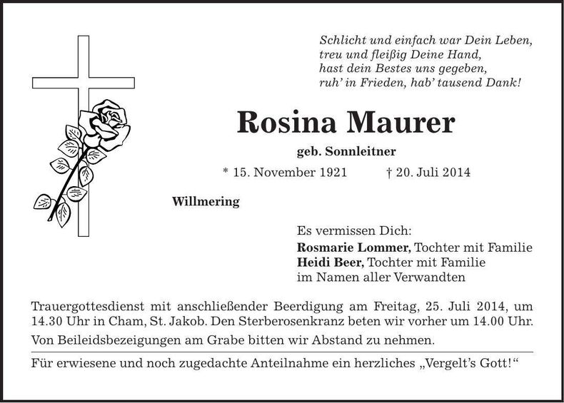 Traueranzeige Rosina Maurer