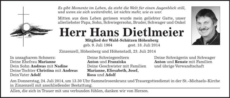 Traueranzeige Hans Dietlmeier