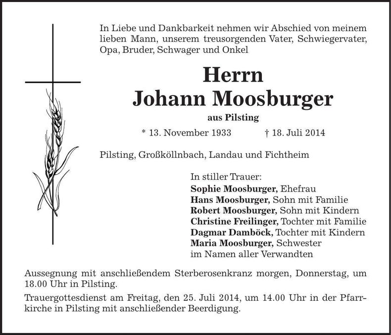 Traueranzeige Johann Moosburger