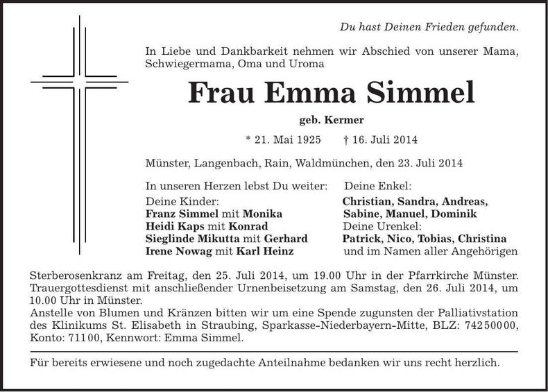 Traueranzeige Emma Simmel