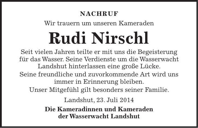Traueranzeige Rudi Nirschl