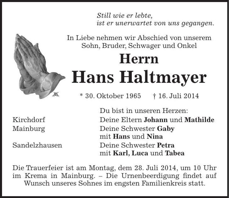 Traueranzeige Hans Haltmayer