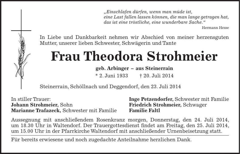 Traueranzeige Theodora Strohmeier