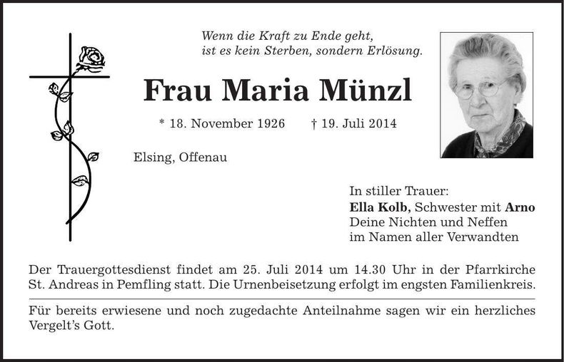 Traueranzeige Maria Münzl
