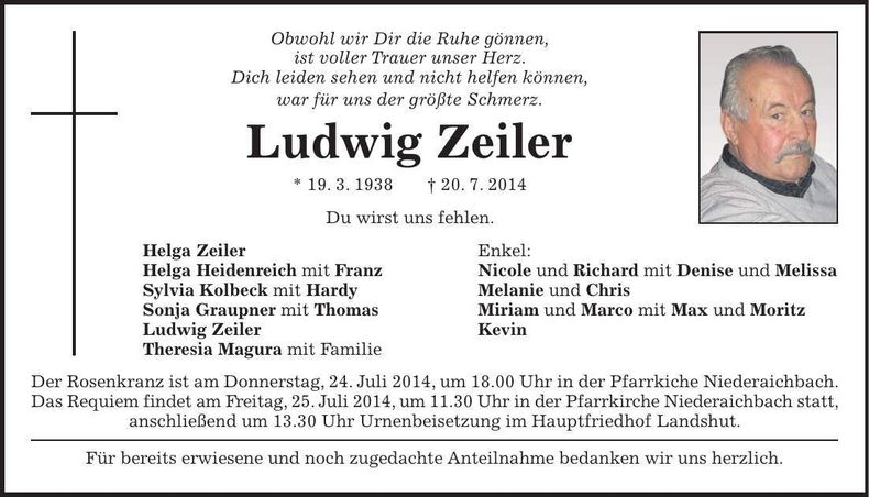 Traueranzeige Ludwig Zeiler