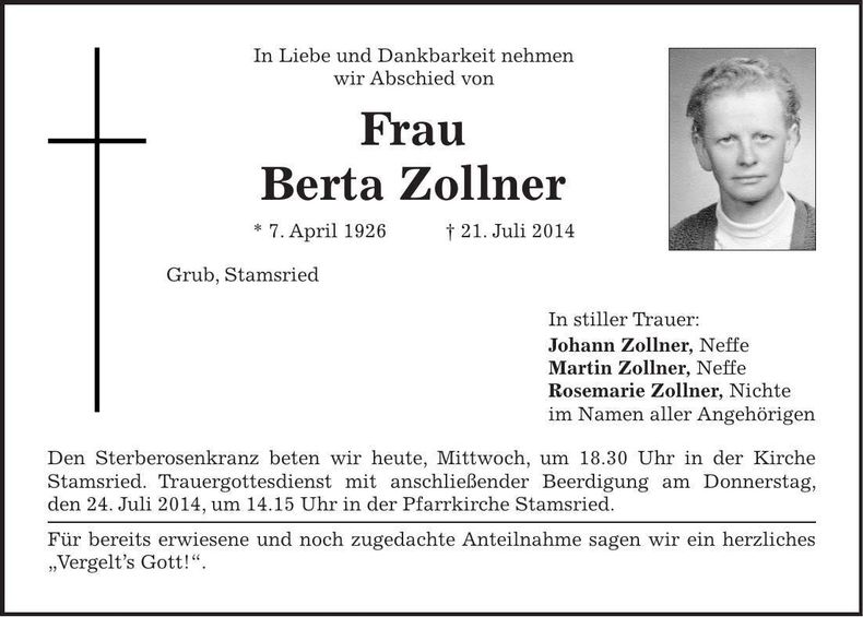 Traueranzeige Berta Zollner