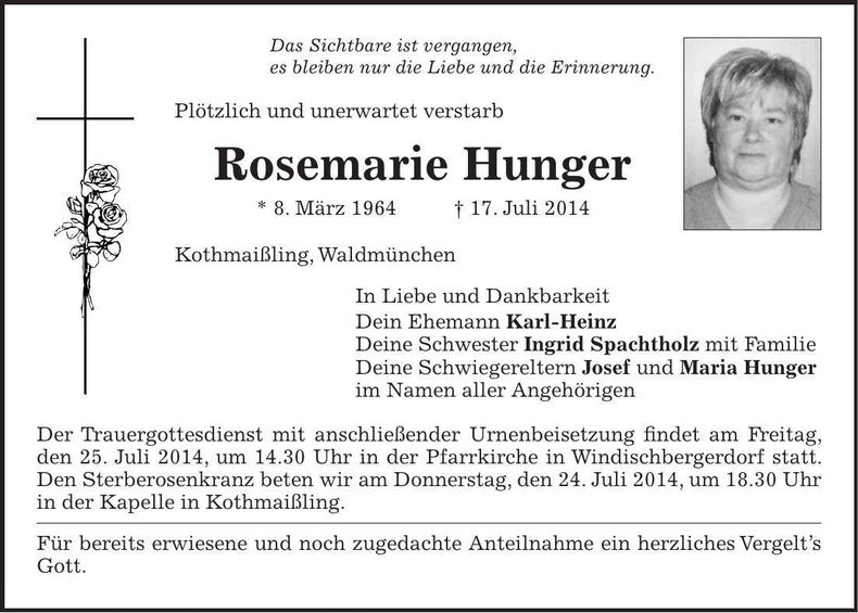 Traueranzeige Rosemarie Hunger