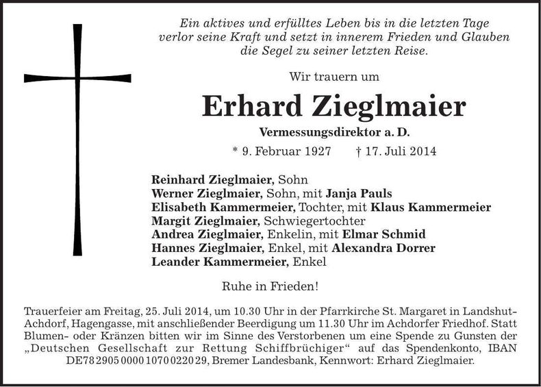 Traueranzeige Erhard Zieglmaier