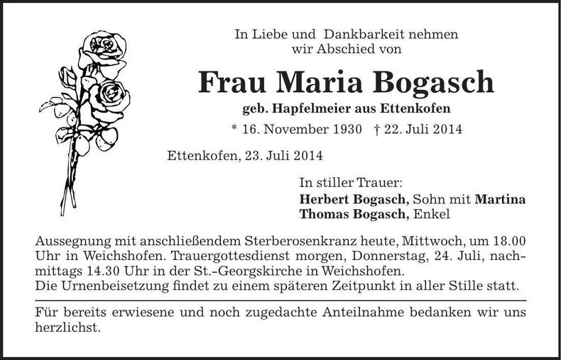Traueranzeige Maria Bogarsch