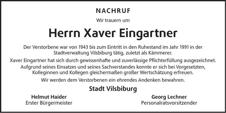 Traueranzeige Xaver Eingartner
