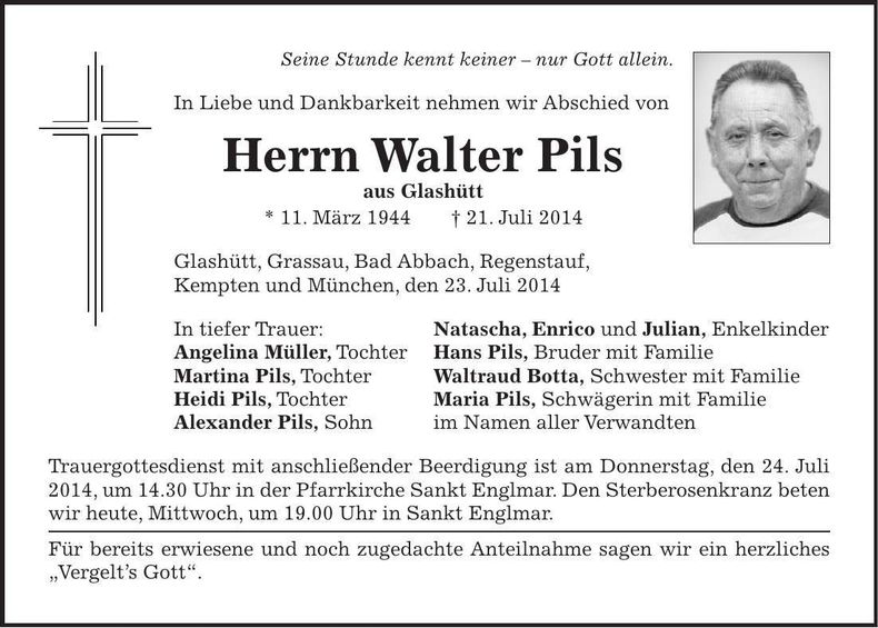 Traueranzeige Walter Pils
