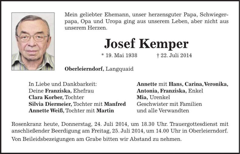 Traueranzeige Josef Kemper