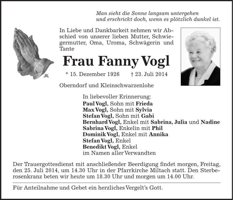 Traueranzeige Fanny Vogl
