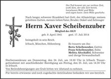 Traueranzeige Xaver Scheibenzuber