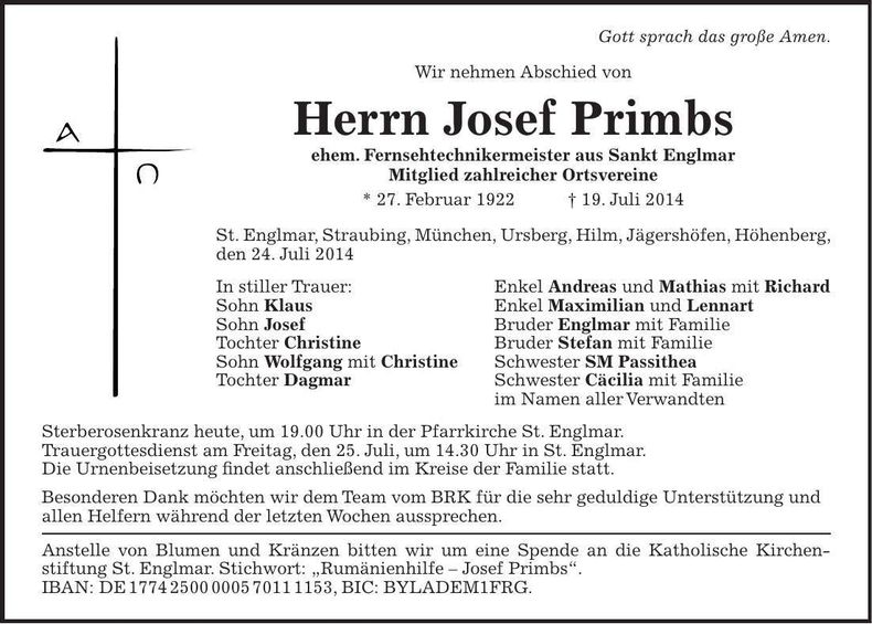 Traueranzeige Josef Primbs