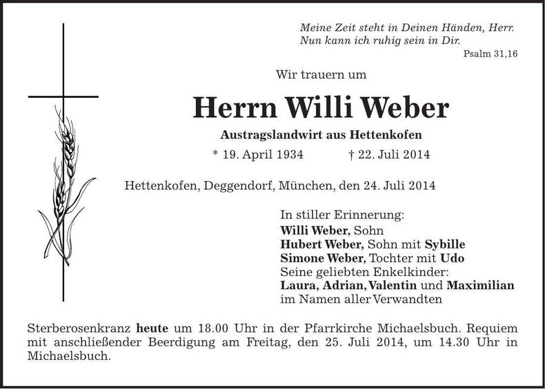 Traueranzeige Willi Weber